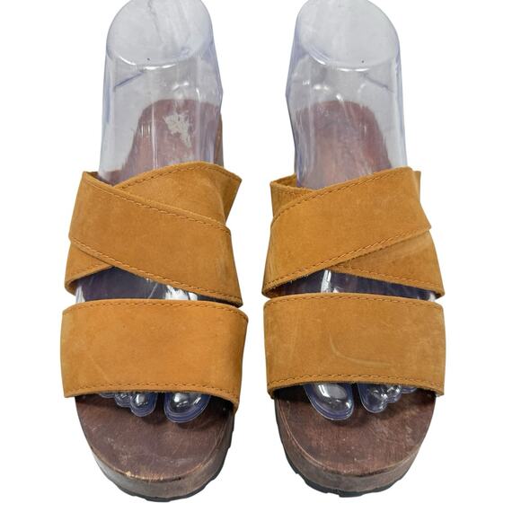 Candies Chunky Sandals Size 7 Vintage Y2K Wooden Clog Platform Camel Tan Leather - Picture 2 of 9